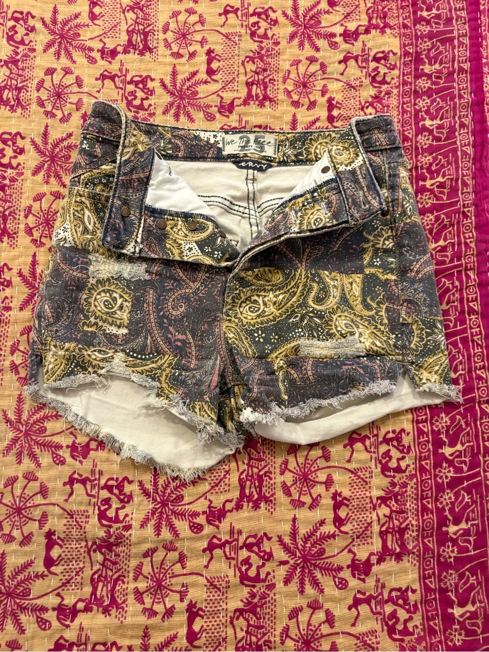 Free People Paisley Distressed Denim Shorts in Yellow and Black